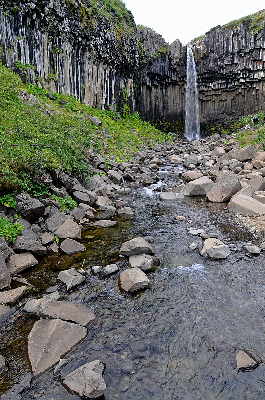 ABC_6104.jpg - Svartifoss est une cascade situ�e dans le Parc national de Skaftafell. Ce qui fait la renomm�e de cette chute n'est pas sa taille ou sa puissance mais les magnifiques formations d'orgues basaltiques que l'on peut voir autour d'o� son nom (svart=noir). De plus la pr�sence d'arbres aux alentours (bouleaux) rend le site tr�s diff�rent de ce que l'on peut observer ailleurs en Islande.