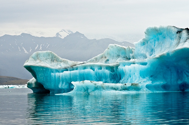 ABC_6211.jpg - Les caractristiques des couleurs des icebergs ont toutes une explication. Les nuances de bleu s?expliquent par la rflexion de la lumire de l?eau, mais aussi par l?eau de fonte regele. D?ailleurs, quand un iceberg apparat dans un bleu ciel limpide, cela signifie qu?il vient juste de se retourner. La partie immerge devient submerge et inversement.