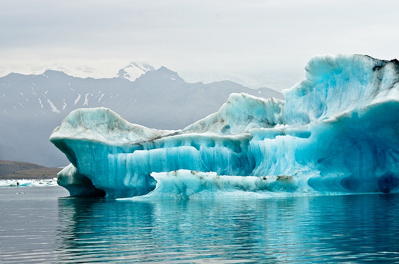 ABC_6211.jpg - Les caract�ristiques des couleurs des icebergs ont toutes une explication. Les nuances de bleu s?expliquent par la r�flexion de la lumi�re de l?eau, mais aussi par l?eau de fonte regel�e. D?ailleurs, quand un iceberg appara�t dans un bleu ciel limpide, cela signifie qu?il vient juste de se retourner. La partie immerg�e devient submerg�e et inversement.