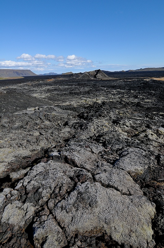 ABC_5377.jpg - Leirhnjkur - Ce champ de lave date de 1984. Contrairement aux ruptions "classiques" qui s'coulent depuis une bouche volcanique prcise, on est ici devant une ruption fissurale. C'est--dire que l'ruption a jailli depuis une fissure rectiligne sur des centaines de mtres.