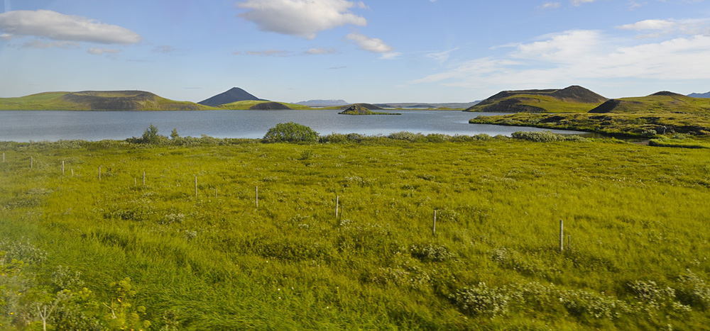 ABC_5715.jpg - Lac Myvatn et les pseudo-crat�res de Skutustadir - La r�gion �tait mar�cageuse lorsqu'une coul�e de lave s'est r�pandu dessus. L'eau au contact de la lave en fusion s'est transform�e en vapeur qui, sous la pression, a perc� la croute de lave visqueuse en explosant, un peu comme de la pur�e sur le feu. Les pseudo-crat�res ont la forme de crat�res mais n'en sont pas puisqu'il n'y a aucune chemin�e de lave en dessous.